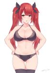  :o ass_visible_through_thighs azur_lane bare_shoulders black_bra black_legwear black_panties bra breasts cleavage collarbone eyes_visible_through_hair hands_on_hips hips honolulu_(azur_lane) kuavera large_breasts long_hair navel panties parted_lips red_eyes red_hair simple_background solo thigh_gap thighhighs thighs twintails underwear white_background 