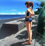  beach blue_sky brown_hair concrete day from_side full_body hands_on_hips horizon i-401_(kantai_collection) kantai_collection legs looking_away ocean one-piece_swimsuit outdoors ponytail profile sailor_collar sandals school_swimsuit shadow short_hair short_ponytail sky smile solo stairs standing sunlight swimsuit swimsuit_under_clothes takuzui tree_shade 