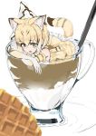  animal_ears bangosu blonde_hair bow bowtie cat_ears cat_girl cat_tail commentary_request cream cup drink drinking_glass elbow_gloves extra_ears eyebrows_visible_through_hair food gloves green_eyes hair_between_eyes in_food kemono_friends print_gloves sand_cat_(kemono_friends) sand_cat_print shirt sleeveless sleeveless_shirt solo spoon spotted_hair tail waffle white_background yellow_gloves yellow_neckwear 
