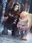  alternate_costume black_hair blue_eyes braid cape facial_mark fangs fingerless_gloves fur_trim gloves glowing glowing_eyes ice jon_neimeister lipstick long_hair makeup official_art open_mouth pale_skin polearm red_eyes skadi_(smite) smite snow solo spear teeth tree weapon wolf 