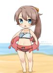  barefoot beach bikini blue_eyes brown_hair dated enemy_lifebuoy_(kantai_collection) flat_chest full_body hair_ribbon innertube kantai_collection kazagumo_(kantai_collection) long_hair masara_(masalucky2010) multicolored multicolored_bikini multicolored_clothes open_mouth ponytail ribbon simple_background solo standing striped striped_bikini swimsuit twitter_username white_background younger 