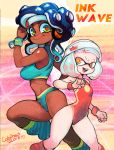  animal_humanoid big_breasts black_hair blue_hair breasts brown_skin buckteeth cephalopod cephalopod_humanoid clothed clothing colo dark_skin duo english_text exotic_pupils facial_markings female fully_clothed green_eyes hair headband humanoid inkling leg_warmers legwear leotard light_skin marina_(splatoon) marine markings mask_(marking) midriff nintendo octoling off_the_hook_(splatoon) pale_skin pearl_(splatoon) red_pupils sharp_teeth splatoon splatoon_2 suction_cup teeth tentacle_hair tentacles text video_games white_hair wristband yellow_eyes yellow_pupils 