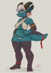  2018 5_fingers anthro armband barefoot black_scales blue_scales breasts choker cleavage clothed clothing creamylewds digital_media_(artwork) ear_piercing facial_piercing female hair hand_on_hip horn kobold looking_at_viewer navel navel_piercing nose_piercing piercing red_eyes ring scales scalie short_hair skimpy slightly_chubby slit_pupils smile solo standing thick_tail thick_thighs under_boob white_hair 