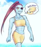  abs alphys anthro blue_skin clothed clothing cloud eye_patch eyewear female fish gills hair long_hair marine muscular muscular_female red_hair scar sharp_teeth sky standing teeth undertale undyne video_games whan yellow_eyes 