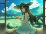 apple apple_slice blue_sky brown_eyes brown_hair cloud copyright_request day dress food fruit grass hand_up hat hat_ribbon hill holding holding_food holding_fruit long_hair looking_at_viewer mimikaki official_art pokachu ribbon sitting sky smile solo sun_hat tree white_dress wind_chime 