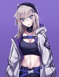  aa-12_(girls_frontline) ahoge baggy_clothes bags_under_eyes bandaid bandaid_on_nose bangs black_hat black_shorts blue_eyes breasts bruise bruise_on_face buckle candy choker cleavage clothes_pull commentary eyebrows_visible_through_hair food gauze girls_frontline gloves hair_ornament hat head_tilt highres hood hood_down hooded_jacket injury jacket lollipop long_hair looking_at_viewer medium_breasts mouth_hold navel open_clothes open_jacket open_mouth purple_background ribbed_sweater shorts sidelocks signature silver_hair simple_background solo star star_hair_ornament stomach strap sweater sweater_pull sweater_vest vvy 