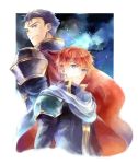  armor blue_eyes blue_hair cape eliwood_(fire_emblem) fire_emblem fire_emblem:_rekka_no_ken fire_emblem_heroes gloves hector_(fire_emblem) kuzumosu long_hair looking_at_viewer multiple_boys open_mouth red_hair short_hair simple_background smile 
