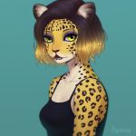  2018 agaberu anthro breasts brown_spots bust_portrait cheetah eyebrows eyelashes eyeshadow fangs feline female fur green_background hair looking_at_viewer makeup mammal portrait short_hair signature simple_background solo spots spotted_fur tan_fur teeth whiskers yellow_eyes yellow_fur 