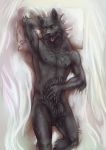  anthro bed canine looking_at_viewer lostgoose male mammal nude open_mouth solo wolf 