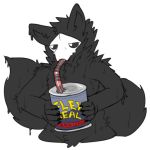 2018 5_fingers alpha_channel anthro ausjamcian bendy_straw big_tail black_fur can canine changed_(video_game) claws drinking dripping english_text flex_seal fluffy fur goo_creature male mammal mask monster puro_(changed) rubber simple_background solo straw text transparent_background video_games wolf 