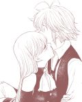  1girl antenna_hair artist_name bangs bare_shoulders blush buttons closed_eyes couple elizabeth_liones greyscale harumiya imminent_kiss long_hair long_sleeves meliodas monochrome nanatsu_no_taizai necktie vest 