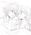  1girl antenna_hair artist_name bangs blush couple earrings elizabeth_liones greyscale harumiya jewelry long_hair long_sleeves looking_at_another lying meliodas monochrome nanatsu_no_taizai on_back parted_lips pillow shirt smile 