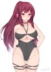  annoyed bare_shoulders bikini black_bikini blush bow breasts brown_hair cleavage dated eyebrows_visible_through_hair girls_frontline groin hair_ribbon hand_on_hip kuavera large_breasts long_hair o-ring o-ring_top ribbon simple_background solo swimsuit thigh_gap thighs twitter_username wa2000_(girls_frontline) white_background wide_hips 