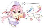  bell bell_collar blush_stickers chibi collar commentary confetti hair_ornament hairclip harusame_(kantai_collection) hat instrument kantai_collection long_hair pink_hair red_eyes solo symbol_commentary yukichi_(eikichi) 