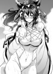  animal_ears bangs blush breasts cape cleavage commentary_request covered_navel earrings erune eyewear_on_head flower gloves granblue_fantasy greyscale hair_between_eyes hair_flower hair_ornament hair_ribbon highleg highleg_swimsuit highres ilsa_(granblue_fantasy) jewelry large_breasts long_hair looking_at_viewer monochrome mushi024 one-piece_swimsuit open_mouth ribbon skindentation sky solo sunglasses swimsuit wet 