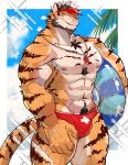  2018 5_fingers abs anthro biceps chang52084 clothing feline fur hi_res male mammal muscular nipples outside pecs simple_background solo summer tiger underwear 