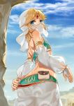  armband ass bare_shoulders blonde_hair blue_eyes bridal_gauntlets clenched_hand cloud day detached_sleeves dimples_of_venus elf eyebrows_visible_through_hair from_behind from_below gerudo_link highres jewelry link looking_back looking_down male_focus medium_hair otoko_no_ko panties pointy_ears pouch see-through shoulder_blades shoutai_(7490773) sky solo the_legend_of_zelda tree underwear veil 