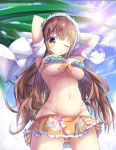  ;) absurdres adjusting_hair arms_up bikini breasts brown_hair cleavage commentary_request hair_ornament hairclip highres large_breasts long_hair lowleg lowleg_bikini maid_headdress maritaki mouth_hold navel one_eye_closed original smile solo swimsuit underboob very_long_hair 