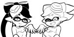  2018 5_fingers beauty_mark breasts callie_(splatoon) cleavage clothed clothing digital_media_(artwork) duo female hair half-closed_eyes humanoid inkling long_hair looking_at_viewer marie_(splatoon) mikeinel monochrome nintendo not_furry one_eye_closed pose short_hair simple_background smile splatoon tentacle_hair tentacles video_games white_background wink 