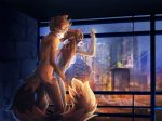  2018 against_window anthro blush breasts butt cervine city cityscape digital_media_(artwork) duo female from_behind_position fur hair hands_on_hips hazelmere hi_res looking_pleasured male male/female male_penetrating mammal moan nipples nude open_mouth penetration red_panda reflection sex standing tongue tongue_out vaginal white_fur window 