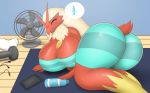  2018 anthro avian big_breasts big_butt blaziken breasts butt cleavage clothed clothing eyes_closed female hi_res inside mechanical_fan nintendo non-mammal_breasts open_mouth pandashorts pok&eacute;mon pok&eacute;mon_(species) solo sweat thick_thighs video_games 