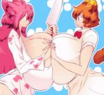  :3 animal_humanoid animated big_breasts blue_eyes bow_tie breast_squish breasts breasts_frottage cat_humanoid cleavage clothed clothing coco_(hataraki) cow_print duo feline female female/female hair hand_holding hataraki_ari holding_object holding_weapon huge_breasts humanoid hyper hyper_breasts knife long_hair mammal milkcat_(hataraki) open_mouth orange_hair pink_hair shirt weapon yellow_eyes 