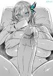  10s 1girl aqua_eyes blue_eyes blush boku_wa_tomodachi_ga_sukunai breasts butterfly butterfly_hair_ornament cellphone covering covering_breasts cum elzikyuchi fei_(maidoll) female futanari hair_ornament huge_breasts kashiwazaki_sena lactation long_hair lying monochrome on_back partially_colored penis phone pillow shiny shiny_skin solo spot_color sweat third-party_edit uncensored 