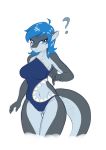  2018 ? absurd_res ambris anthro blue_eyes blue_hair breasts clothed clothing ear_piercing erika_(ambris) female fish hair hi_res marine navel non-mammal_breasts piercing shark simple_background solo swimsuit white_background 