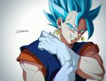  blue_eyes blue_hair close-up dragon_ball dragon_ball_super earrings frown gloves gradient gradient_background grey_background grin head_tilt jewelry looking_at_viewer male_focus muscle potara_earrings short_hair simple_background smile solo spiked_hair super_saiyan_blue tama_azusa_hatsu twitter_username upper_body vegetto white_background 