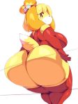  2018 absurd_res animal_crossing anthro big_butt butt canine clothed clothing digital_media_(artwork) dog female fur hair hi_res huge_butt isabelle_(animal_crossing) looking_at_viewer mammal nintendo on_glass shih_tzu simple_background sitting solo thick_thighs trinity-fate62 video_games voluptuous wide_hips yellow_fur 