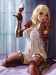  alcohol armor blonde_hair blood_angels blue_eyes blush breasts cup drinking_glass georgy_stacker highres long_hair looking_at_viewer pauldrons see-through solo thighhighs warhammer_40k wine wine_glass 