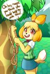  2018 animal_crossing anthro canine clothed clothing dog english_text female isabelle_(animal_crossing) looking_at_viewer mammal nintendo noose open_mouth outside red_eyes smile solo text tree video_games witchtaunter 