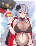  bikini black_bikini blush breasts dated flower food graf_zeppelin_(azur_lane) grey_hair hair_flower hair_ornament hips ice_cream kuavera large_breasts light_smile long_hair looking_at_viewer navel navel_cutout parted_lips red_eyes signature swimsuit thighs tongue twitter_username very_long_hair 