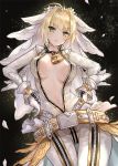  ahoge asle bangs belt black_background blonde_hair bodysuit breasts breasts_apart bridal_veil chain contrapposto cowboy_shot eyebrows_visible_through_hair fate/extra fate/extra_ccc fate_(series) flower gloves green_eyes hair_intakes hands_on_hips large_breasts lock looking_at_viewer navel nero_claudius_(bride)_(fate) nero_claudius_(fate)_(all) open_mouth partially_unzipped petals short_hair solo standing tsurime veil white_bodysuit white_gloves wreath zipper 