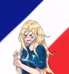  &gt;_&lt; 2018_fifa_world_cup alternate_costume blonde_hair closed_eyes commentary facepaint france french_flag hair_between_eyes kantai_collection kuroinu9 long_hair open_mouth richelieu_(kantai_collection) soccer soccer_uniform solo sportswear world_cup 