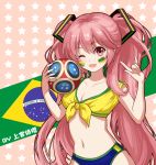  2018_fifa_world_cup ;d \m/ alternate_costume alternate_eye_color alternate_hair_color ball bare_arms blush brazil brazilian_flag breasts buruma chinese_commentary cleavage collarbone commentary_request crop_top eyebrows_visible_through_hair facial_tattoo front-tie_top hair_between_eyes hands_up hatsune_miku holding holding_ball long_hair looking_at_viewer medium_breasts midriff navel one_eye_closed open_mouth pink_background pink_eyes pink_hair shangguan_feiying shirt smile soccer soccer_ball solo standing star starry_background stomach tattoo tied_shirt twintails upper_body very_long_hair vocaloid world_cup yellow_shirt 