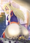 1boy 1girl :o blonde_hair blush bodysuit boku_no_hero_academia breasts building city domino_mask from_behind from_below giantess happy height_difference hips horns huge_ass mineta_minoru mount_lady red_eyes sitting sitting_on_person size_difference skin_tight sky smile surprised sweatdrop wide_hips 