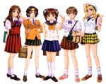  90s adjusting_hair bag blazer blonde_hair blue_eyes blue_skirt book brown_eyes brown_footwear brown_hair dated glasses green_skirt hair_ribbon hairband hand_on_hip hand_to_head holding holding_book holding_briefcase idol_mahjong_final_romance_2 jacket kneehighs long_hair long_sleeves looking_at_viewer multiple_girls necktie official_art plaid plaid_skirt pleated_skirt red_eyes red_hair red_skirt ribbon school_briefcase school_uniform shoes short_hair short_sleeves shoulder_bag simple_background skirt smile sneakers socks standing sugiyama_genshou twintails updo v vest white_background white_legwear 