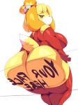  2018 absurd_res animal_crossing anthro big_breasts big_butt breasts butt canine clothed clothing digital_media_(artwork) dog female fur hi_res huge_butt isabelle_(animal_crossing) looking_at_viewer mammal nintendo on_glass shih_tzu simple_background sitting solo thick_thighs trinity-fate62 video_games voluptuous yellow_fur 