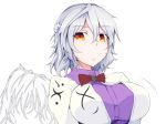  breasts closed_mouth collared_shirt eyebrows_visible_through_hair grey_hair highres kishin_sagume large_breasts looking_at_viewer nekomata_kyou red_eyes shirt short_hair simple_background solo touhou upper_body white_background wings 