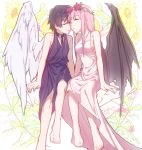  1girl angel_and_devil angel_wings bangs barefoot black_collar black_hair black_wing blue_horns breasts chain chain_necklace cleavage closed_eyes collar collarbone commentary_request couple darling_in_the_franxx demon_wings dress flower forehead-to-forehead hair_flower hair_ornament hetero highres hiro_(darling_in_the_franxx) horns jewelry leje39 long_hair md5_mismatch medium_breasts necklace oni_horns pink_dress pink_hair red_horns single_wing sitting sleeveless sleeveless_dress wings zero_two_(darling_in_the_franxx) 