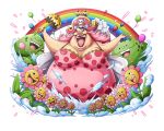  balloon bodskih breasts cake charlotte_linlin cleavage dress fat flower food hat jewelry leaf lipstick long_hair makeup official_art one_piece open_mouth pink_hair pirate_hat rainbow ring solo teenage teeth thumb_ring transparent_background umbrella 