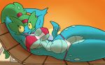  2018 abs anthro basilisk_(lizard) beach big_breasts bikini breasts clothed clothing female green_hair hair liska_(scalie_schoolie) lizard looking_at_viewer muscular navel outside plumed_basilisk ponytail reclining reptile scalie scalie_schoolie seaside solo sunset swimsuit thick_thighs tryfag_(artist) 