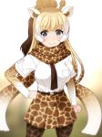  belt blonde_hair blush breast_pocket breasts brown_hair closed_mouth eyebrows_visible_through_hair grey_hair hand_on_hip kemono_friends large_breasts long_sleeves looking_at_viewer multicolored_hair pantyhose pocket reticulated_giraffe_(kemono_friends) skirt smile solo totokichi white_hair 