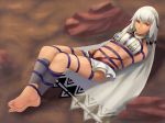 altera_(fate) bangs bare_arms bare_legs bare_shoulders barefoot bdsm bondage bound breasts closed_mouth collar dark_skin fate/extella fate/extra fate_(series) feet full_body halterneck highres looking_at_viewer lying medium_breasts miniskirt on_back rainnear red_eyes restrained rope short_hair silver_hair skirt soles solo toes veil 