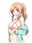  :d aikawa_chiho alternate_hairstyle blush bra breasts brown_eyes collarbone commentary flying_sweatdrops high_ponytail jacket large_breasts light_brown_hair long_hair looking_at_viewer mel_(melty_pot) navel off_shoulder open_clothes open_jacket open_mouth ponytail simple_background smile solo standing stomach sweatdrop underwear upper_body wavy_hair white_background yuyushiki 
