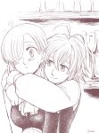  1girl ? antenna_hair bangs blush breasts couple detached_sleeves elizabeth_liones greyscale hair_between_eyes hair_over_one_eye harumiya highres hug hug_from_behind indoors jewelry long_hair long_sleeves looking_at_another looking_at_viewer medium_breasts meliodas monochrome nanatsu_no_taizai single_earring single_sleeve smile upper_body 