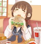  1girl brown_hair cheese chicken_nuggets cup eating eyes_closed french_fries hamburger lettuce low_twintails mumeyama open_mouth original school_uniform teeth twintails 