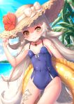 arm_behind_back arm_tattoo azur_lane bare_shoulders beach breasts choker cloud cloudy_sky commentary_request covered_navel cowboy_shot day flower hat head_tilt holding innertube iron_cross leg_tattoo long_hair looking_at_viewer mole mole_under_eye ocean one-piece_swimsuit outdoors pensuke sand silver_hair sky small_breasts smile solo standing straw_hat sun_hat swimsuit tattoo tree very_long_hair water white_hair yellow_eyes z46_(azur_lane) 