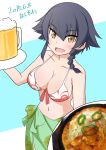  alcohol artist_name bangs beer beer_mug bikini black_hair braid breasts brown_eyes commentary_request dated eyebrows_visible_through_hair food food_request front-tie_bikini front-tie_top girls_und_panzer green_sarong highres holding holding_food hoshikawa_(hoshikawa_gusuku) looking_at_viewer medium_breasts navel open_mouth partial_commentary pepperoni_(girls_und_panzer) photo_inset red_bikini sarong short_hair side_braid signature smile solo standing swimsuit tray 